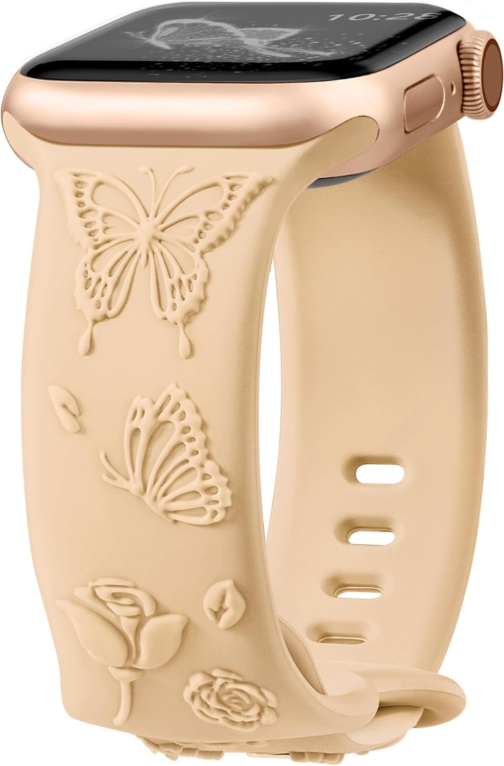 Floral Butterfly Engraved Band Compatible with Apple Watch Bands for Women 40Mm 41Mm 38Mm, Soft Silicone Sport Iwatch Bands for Apple Watch Series 9 Band SE Series 8 7 6 5 4 3 2 1-White