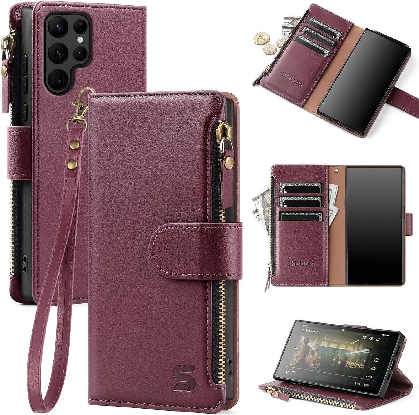 For Samsung Galaxy S22 Ultra 5G Wallet Case,Galaxy S22 Ultra Phone Case PU Leather Flip Folio Protective Cover Zipper Pocket Credit Card Slots Holder RFID Blocking,For Women Men,Wine Red