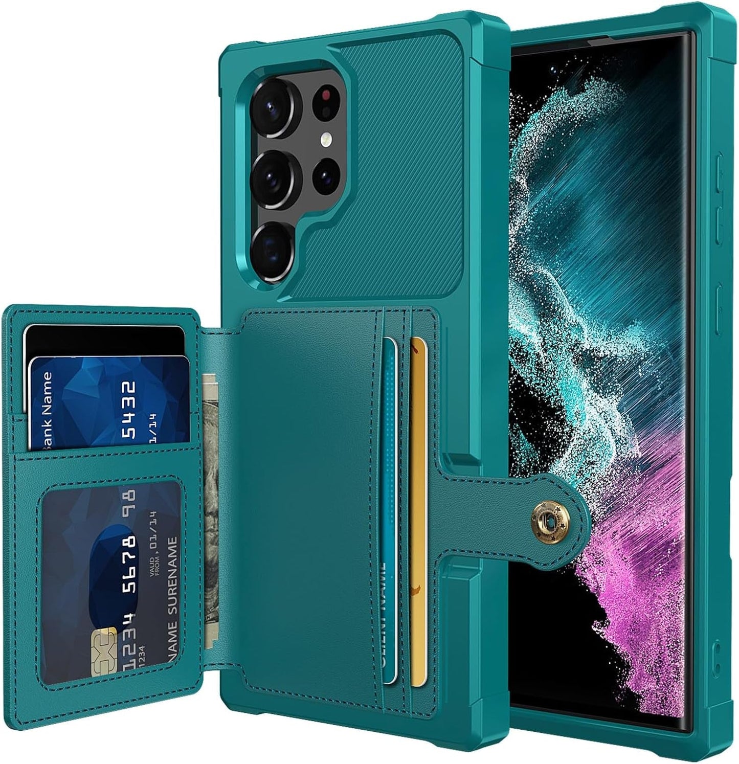 For Samsung Galaxy S22 Ultra Case with Card Holder, Compatible with Magnetic Car Mount, Heavy Duty Shockproof Rugged Soft TPU Back Leather Flip Wallet Cover 6.8 Inch, Red