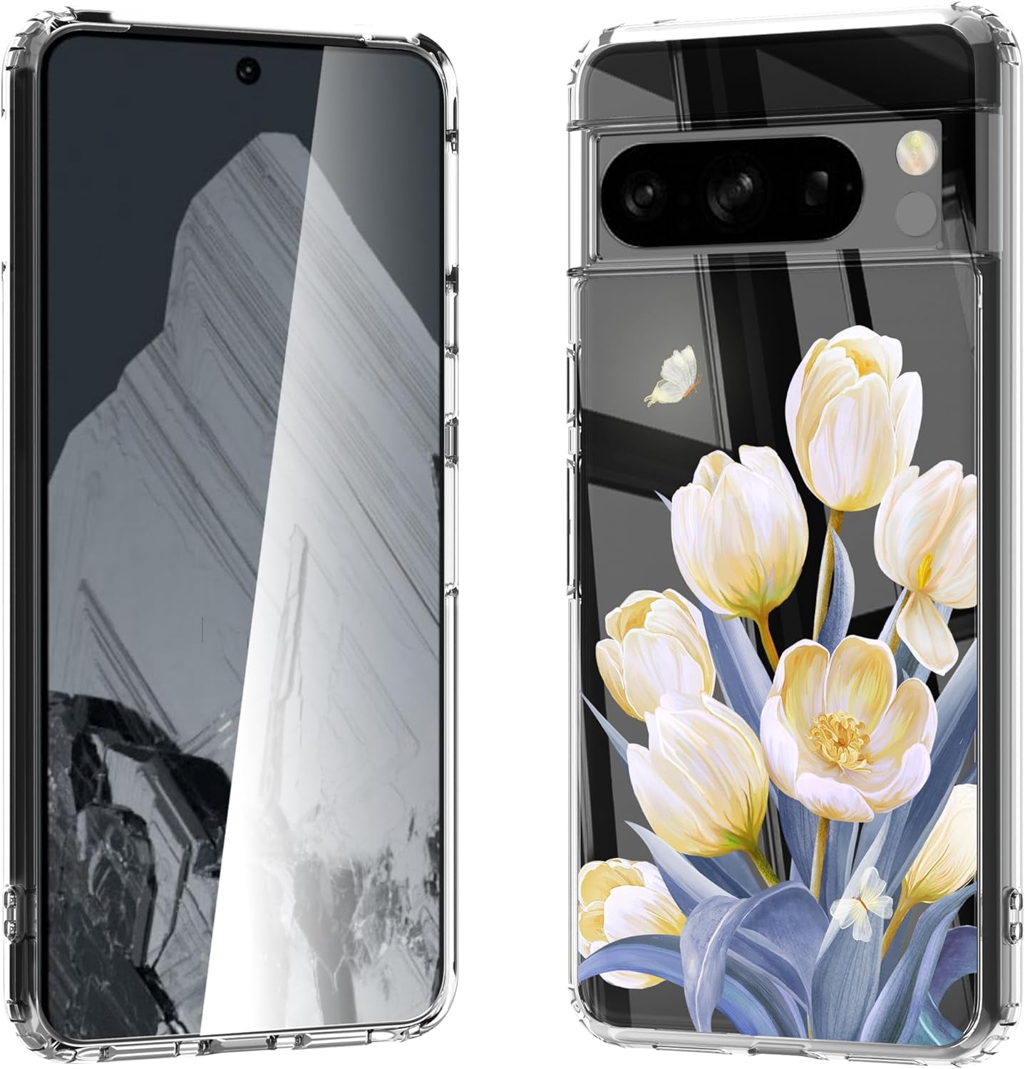 For Google Pixel 8 Clear Case with 3D Flower Printing Design, TPU+PC Slim Shock-Proof Protective Floral Cover for Women Girls, 6.2“ (Pic 5)  YIKECASE A-17 Google Pixel 8 Pro 