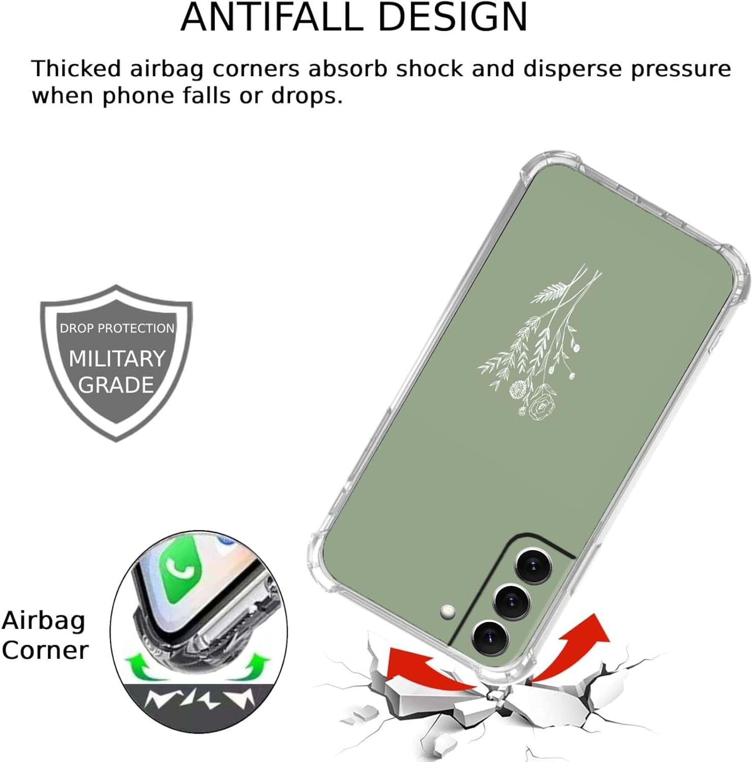 Green Flower Case for Samsung Galaxy S22 Plus,Aesthetic Abstract Minimalism Floral Pattern Case,Soft TPU Full Cover Case for Galaxy S22 Plus