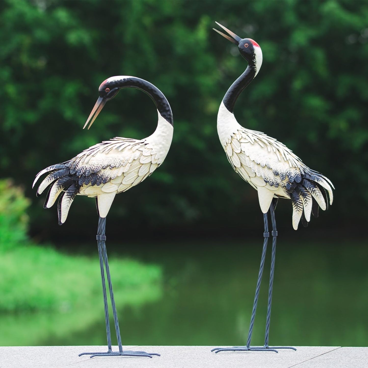 Chisheen Garden Crane Statues Outdoor Heron Red Crowned Crane Metal Yard Art Sculpture,Set of 2  Chisheen   