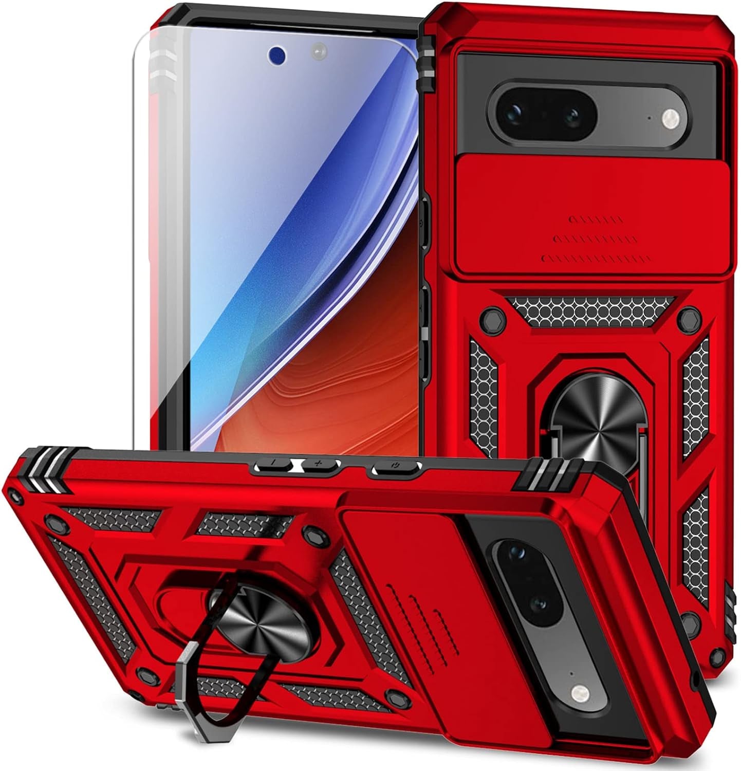 For Google Pixel 7A Case with Slide Camera Cover HD Screen Protector [Military Grade 16Ft. Drop Tested] Magnetic Ring Holder Kickstand Protective Phone Case for Google Pixel 7A, Red  PUSHIMEI Co., Ltd.   