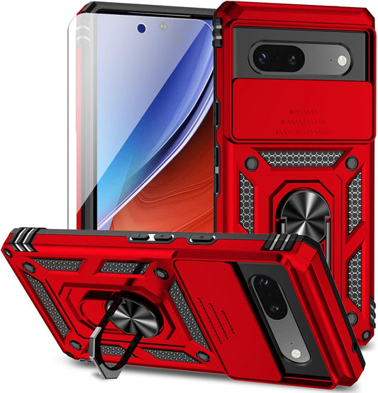 For Google Pixel 7A Case with Slide Camera Cover HD Screen Protector [Military Grade 16Ft. Drop Tested] Magnetic Ring Holder Kickstand Protective Phone Case for Google Pixel 7A, Red  PUSHIMEI Co., Ltd. Red W/ Slide Camera 2Nd Gen. Military Grade  
