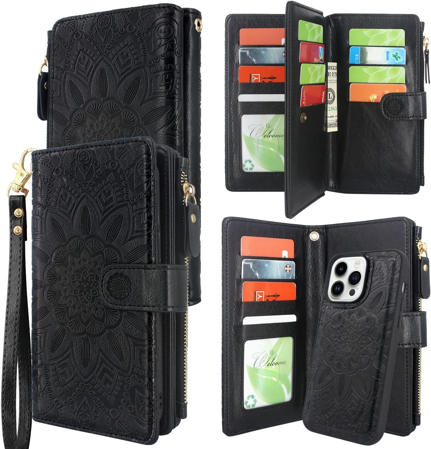 Harryshell Compatible with Iphone 14 Pro 6.1 Inch 5G 2022 Wallet Case Detachable Magnetic Cover Zipper Cash Pocket Multi Card Slots Holder Wrist Strap Lanyard (Floral Black)  Harryshell Floral Black  