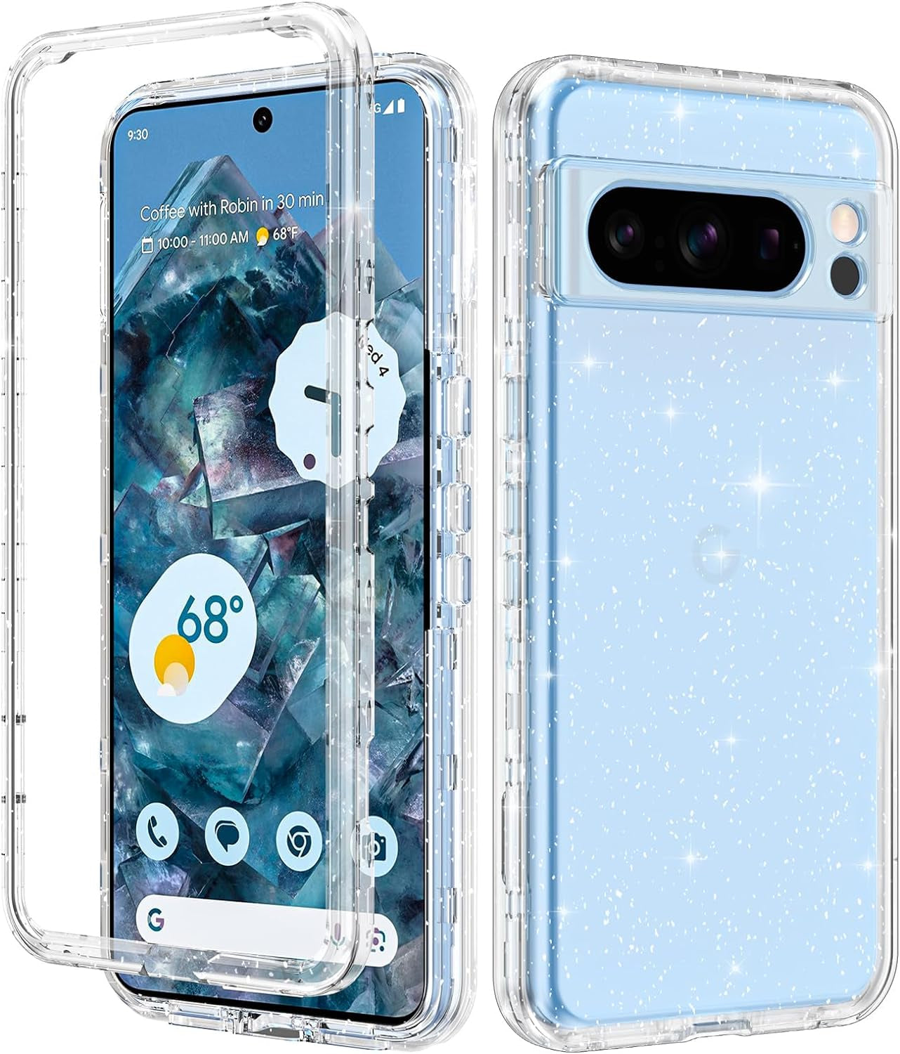 Btscase for Google Pixel 8 Pro Case (2023), Marble Pattern 3 in 1 Heavy Duty Shockproof Full Body Rugged Hard Pc+Soft Silicone Drop Protective Women Girl Cover for Google Pixel 8 Pro, Blue Pink  Btscase Clear Glitter  