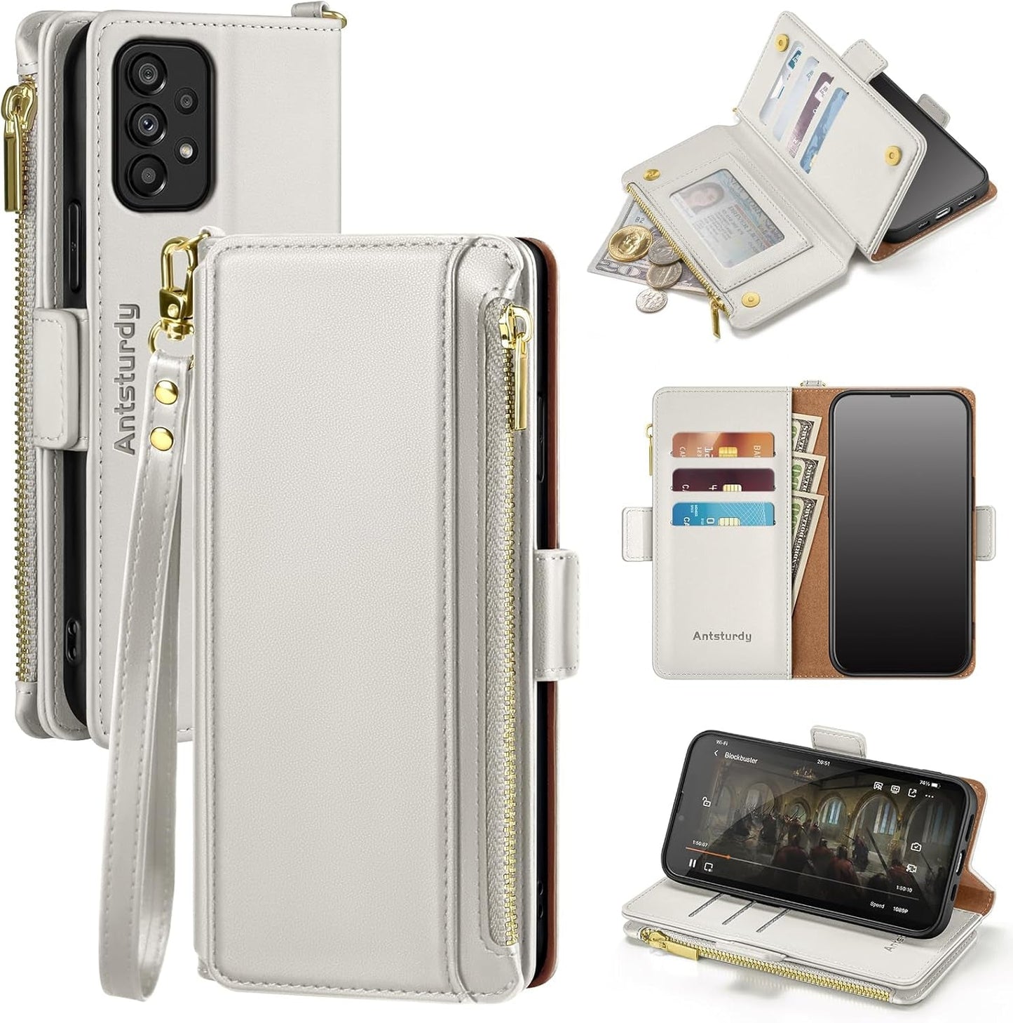 Antsturdy Samsung Galaxy A53 5G Case Wallet with Card Holder for Women Men,Galaxy A53 5G Phone Case RFID Blocking PU Leather Flip Shockproof Cover with Strap Zipper Credit Card Slots,Beige