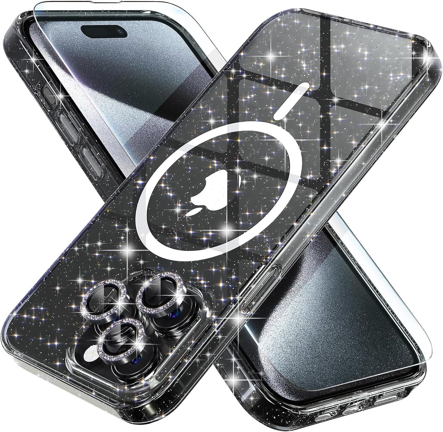 Choiche for Iphone 15 Pro Case Magnetic, Women Clear Glitter Bling Sparkly Case, [3Xdiamond Camera Lens Protectors] [2Xtempered Glass Screen Protectors] [Compatible Magsafe] (Glitter Clear)  Choiche Glitter Black  