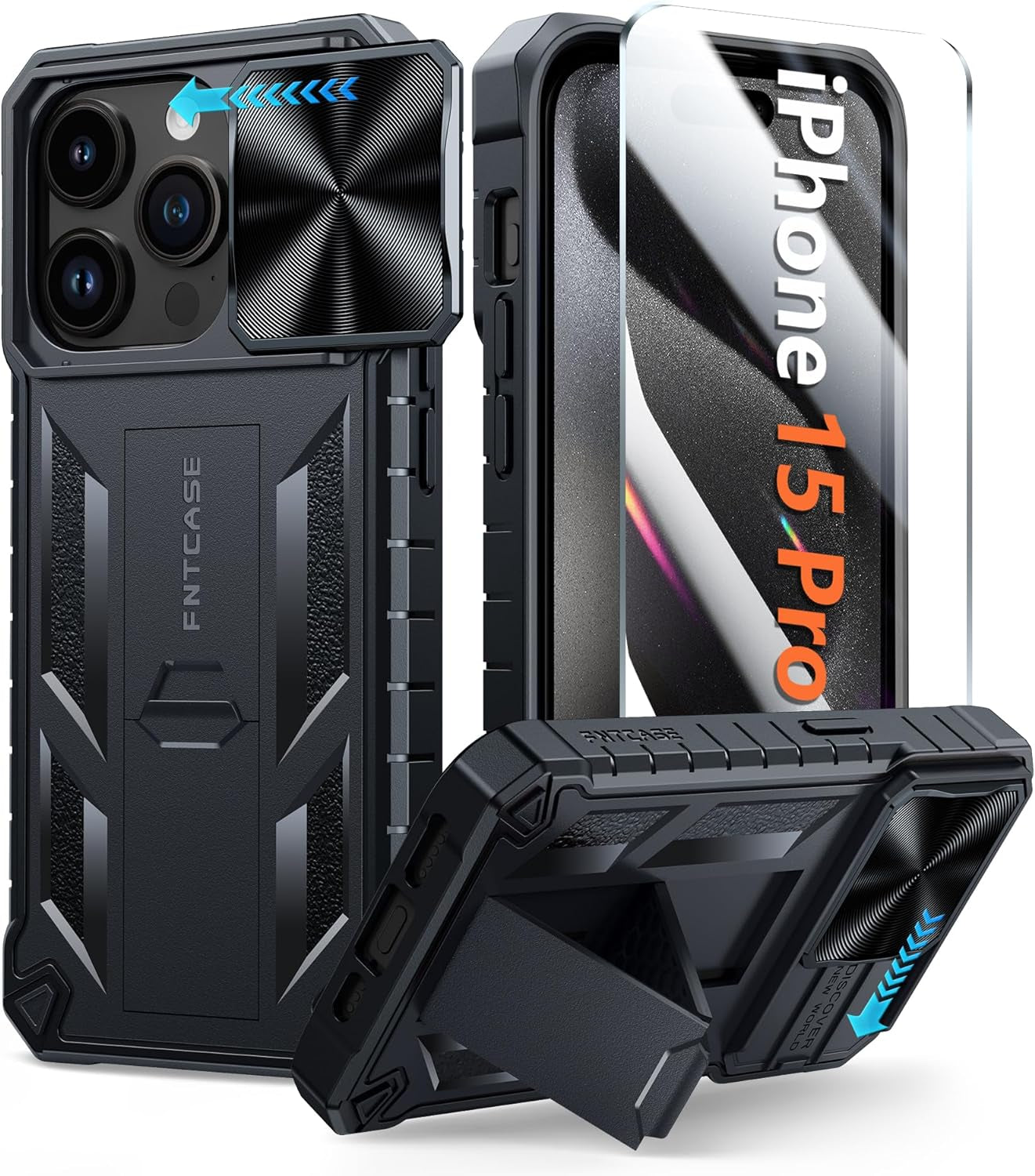 FNTCASE for Iphone 15 Pro Case: Military Grade Drop & Shock Protection Cell Phone Cover with Kickstand & Slide | Rugged Protective Bumper Textured | Heavy Duty Protector(Blue)  FNTCASE   