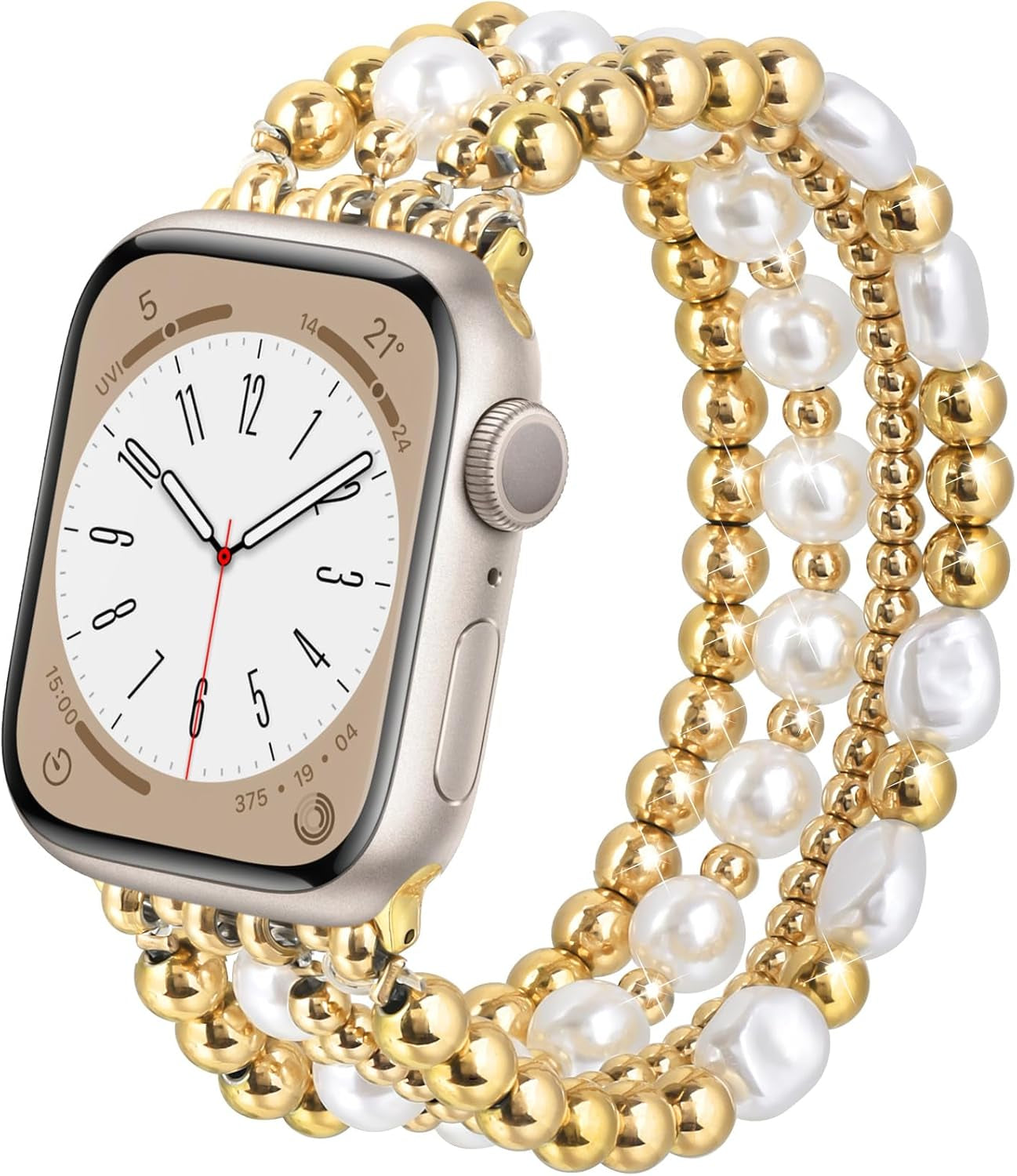 AIRSPO Gold Beaded Bracelets Compatible for Apple Watch Band 38Mm 40Mm 41Mm 42Mm 44Mm 45Mm Women, Fashion Handmade Dressy Iphone Watch Bands Elastic Strap for Iwatch Series SE 8 7 6 5 4 3 2 1