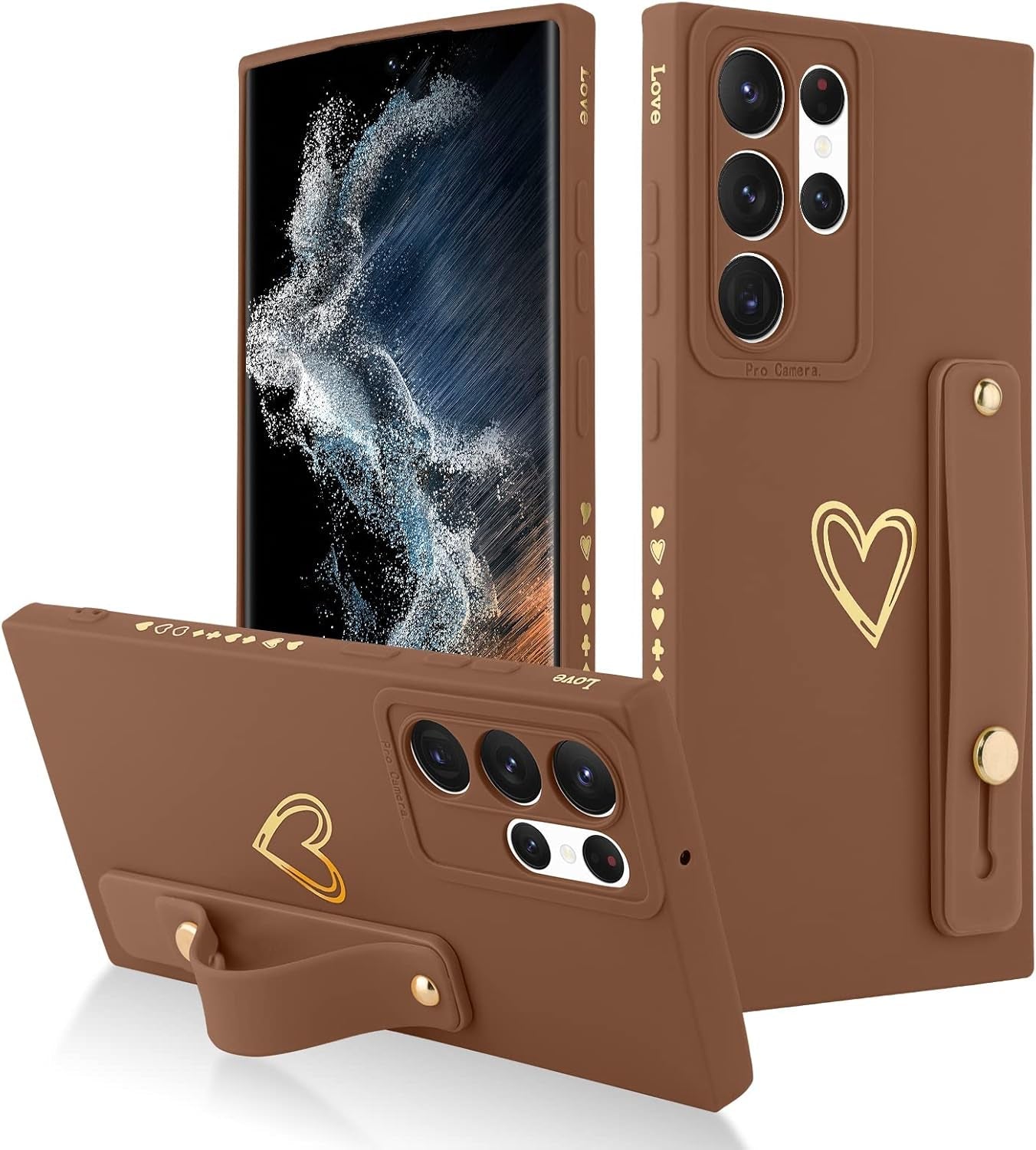 Fiyart Designed for Galaxy S22 Ultra Case with Phone Stand Holder Cute Love Hearts Pattern Slim Protective Camera Protection Cover with Wrist Strap for Women Girls for Galaxy S22 Ultra 6.8"-Pink