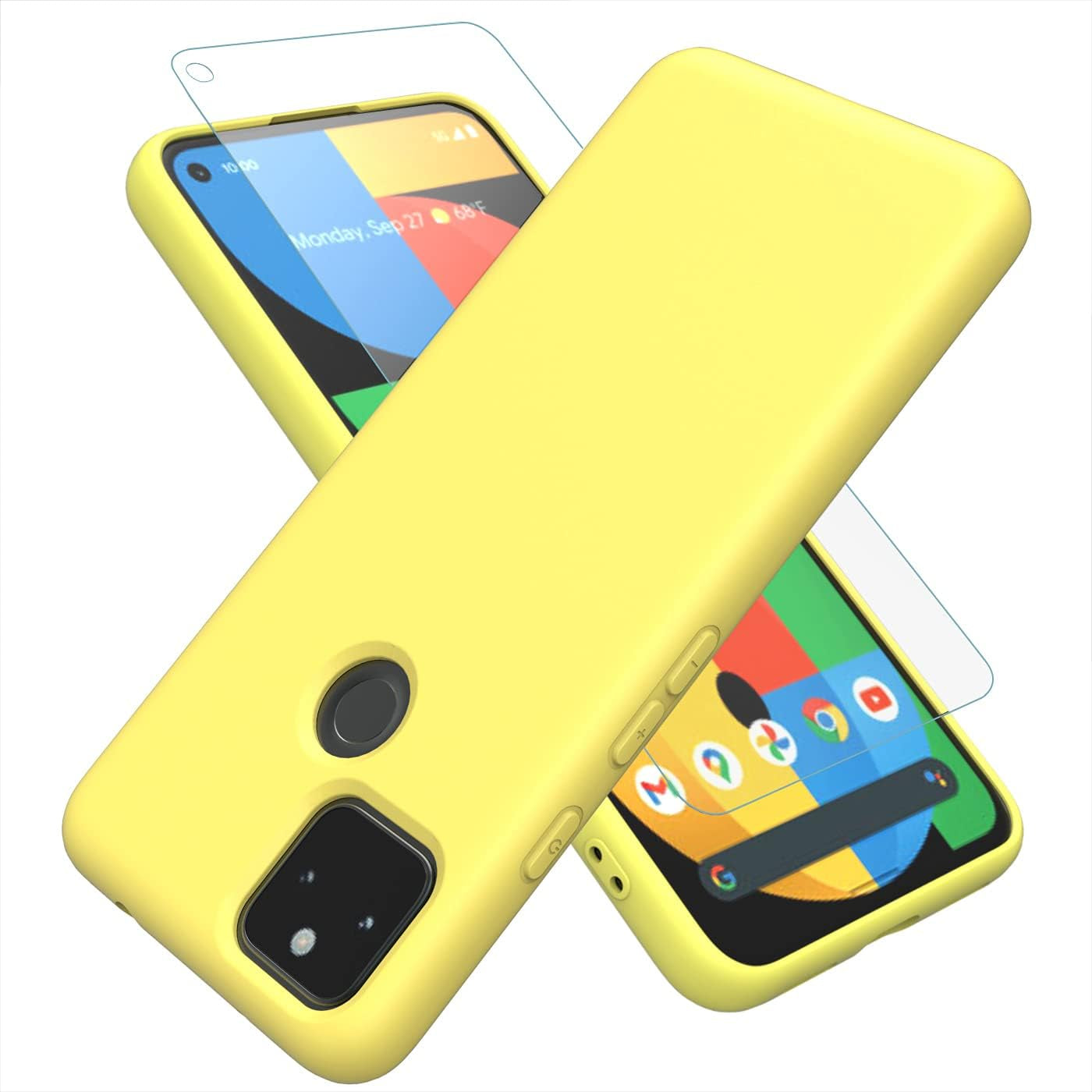 Weycolor for Google Pixel 5A 5G Case with Tempered Glass Screen Protector [2 Pack] ，Liquid Silicone Slim Soft TPU Fit Drop Protection Phone Case for Google Pixel 5A (Dark Green)  Weycolor Yellow.  