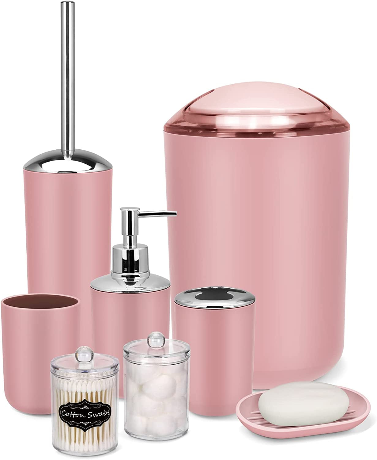 IMAVO Bathroom Accessories Set, 6-Piece Plastic Gift Set, Toothbrush Holder, Toothbrush Cup, Soap Dispenser, Soap Dish, Toilet Brush Holder, Trash Can (Grey)  IMAVO Pink-8pcs  