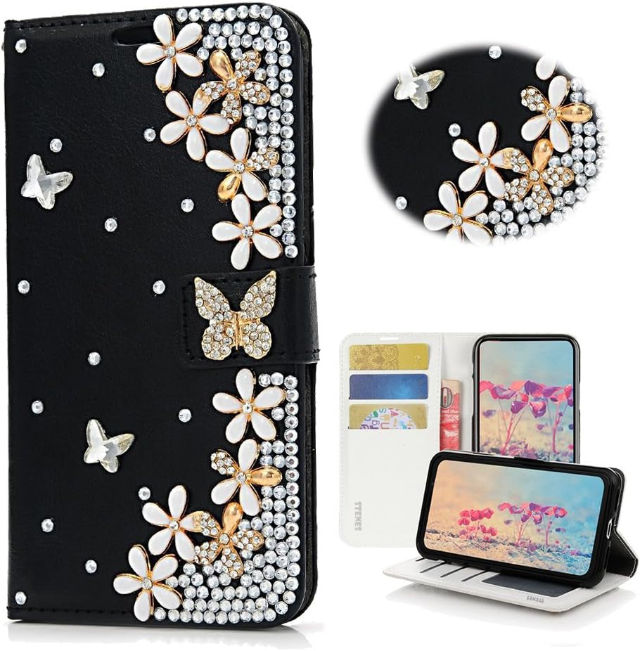 STENES LG G6 Case, LG G6 plus Case - STYLISH - 3D Handmade Bling Crystal Pretty Butterfly Flowers Wallet Credit Card Slots Fold Stand Leather Cover Case for LG G6/LG G6 plus - Black  STENES Butterfly Flowers Floral / Black  