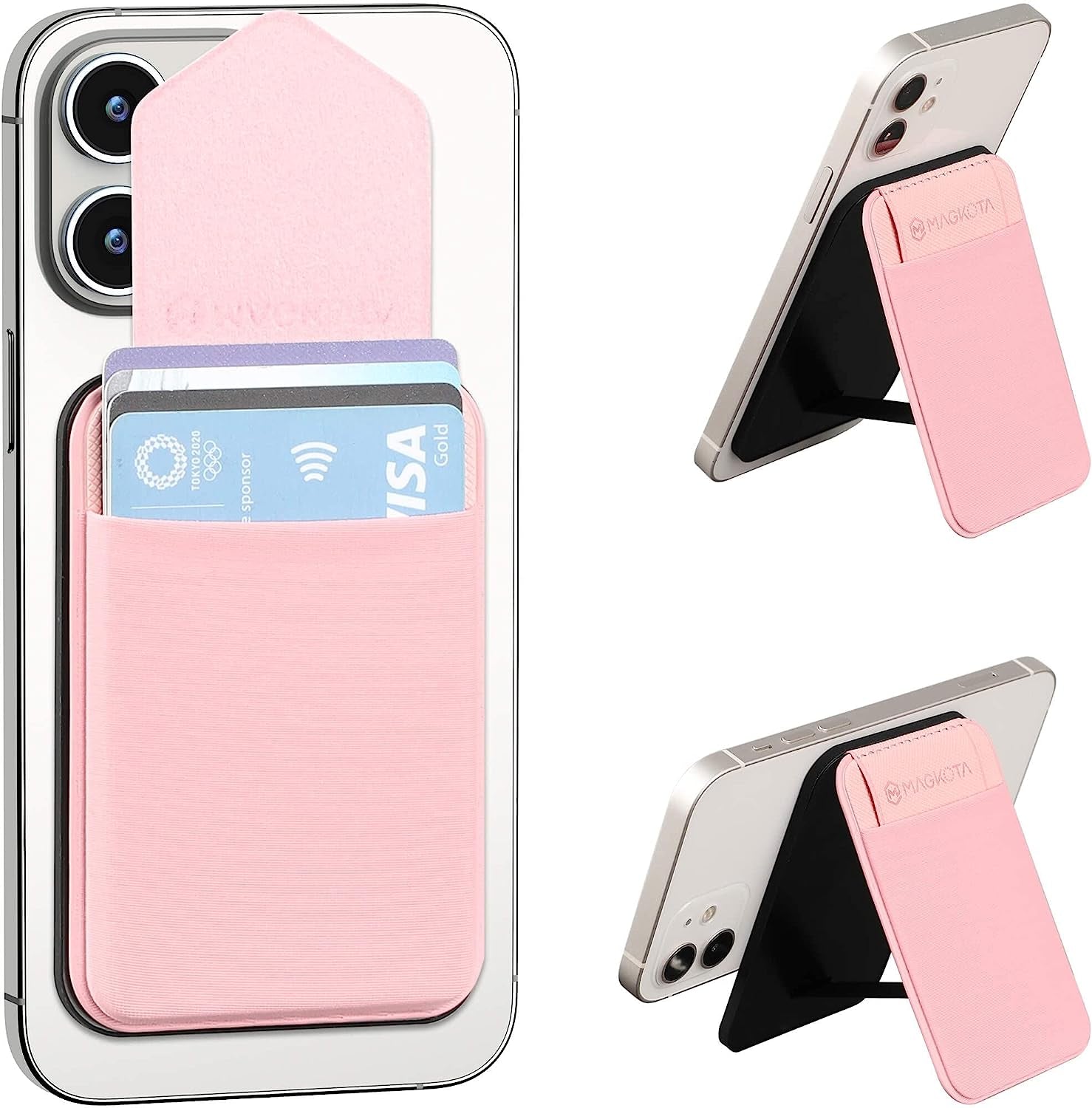 MAGKOTA Magsafe Wallet Max 5 Cards, Magnetic Card Holder Compatible with Iphone 14 /Iphone 13/ Iphone12 Series, Stretchy Fabric Iphone Wallet Stand with Flap,And Has 2 Viewing Angles (Black)  MAGKOTA Pink  