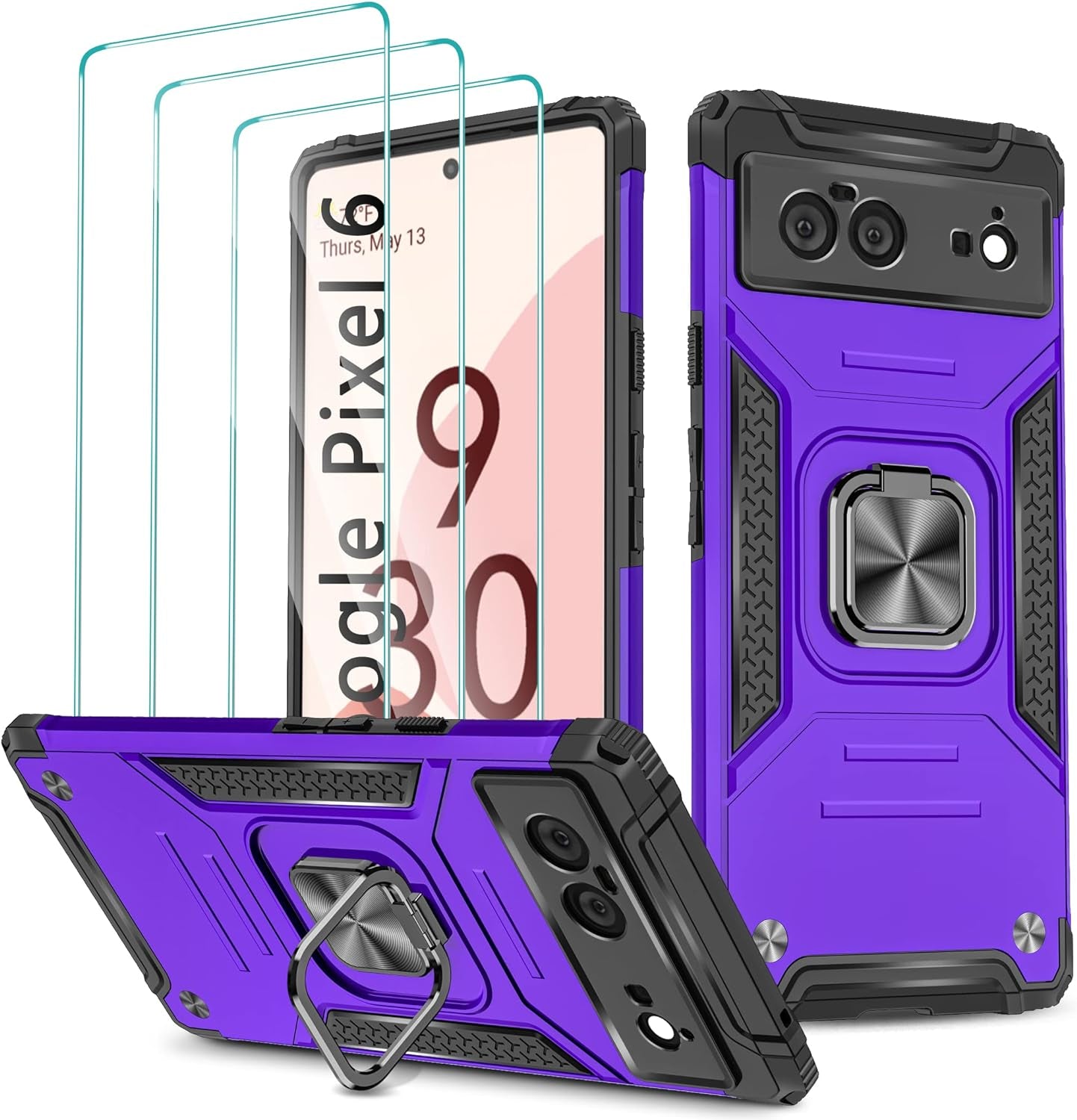 Google Pixel 6 Case, Google Pixel 6 Case with 3 Pcs Tempered Glass Screen Protector, Built in Magnetic Ring Kickstand Military-Grade Hard PC TPU Shockproof Aromr Case for Google Pixel 6 - Rose Gold  GAMEMIUZ Purple  