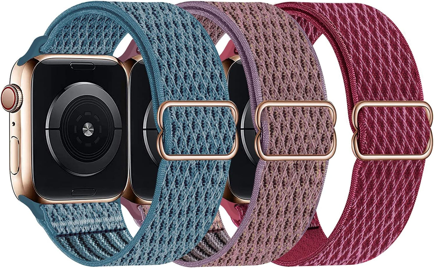 Swhatty Stretchy Nylon Solo Loop Bands Compatible with Apple Watch 41Mm 40Mm 38Mm, Adjustable Braided Sport Elastics Women Men Strap for Iwatch Series 8 7 6 5 4 3 2 1 SE (Black, Rose Pink, Cream)  Swhatty Celestial Teal/Smokey Mauve/Wind Red 38mm/40mm/41mm 