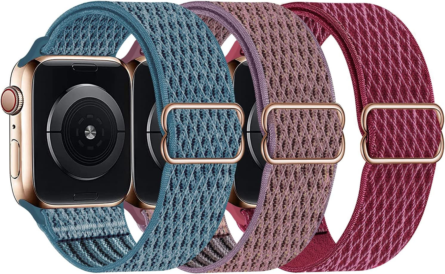 Swhatty Stretchy Nylon Solo Loop Bands Compatible with Apple Watch 41Mm 40Mm 38Mm, Adjustable Braided Sport Elastics Women Men Strap for Iwatch Series 8 7 6 5 4 3 2 1 SE (Black, Rose Pink, Cream)  Swhatty Celestial Teal/Smokey Mauve/Wind Red 38mm/40mm/41mm 