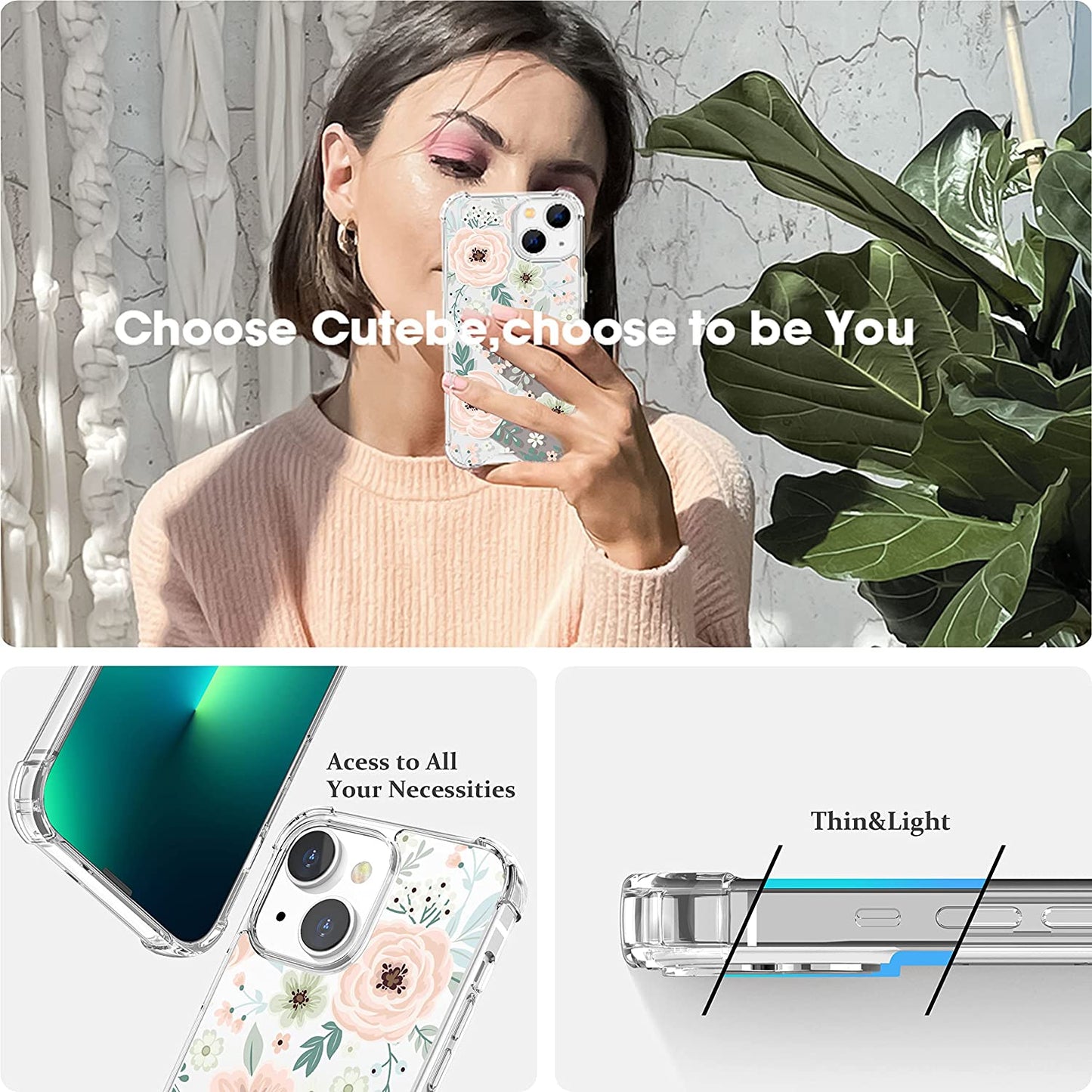 Cutebe [3 in 1 Crystal Phone Case for Iphone 13(2021)/Iphone 14(2022) 6.1", Cute Protective Cover with 9H Temper Glass Screen Protector + HD Temper Camera Lens Protector for Women, Girls  Cutebe   