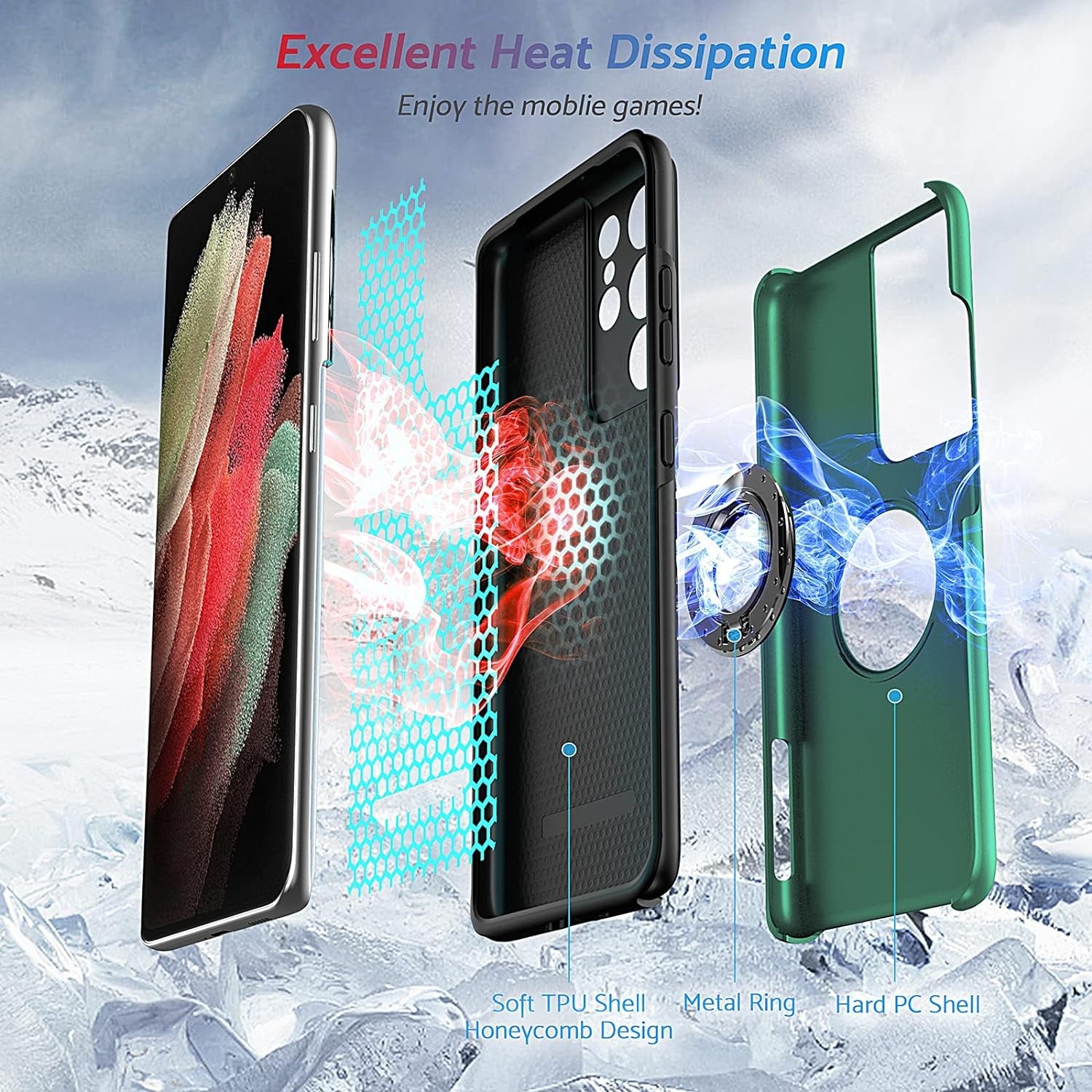 Anqrp Shockproof for Galaxy S21 Ultra Case 5G, [Heat Dissipation] [No Fall-Off Kickstand] 360°Metal Ring Military Grade Protection Phone Case with Samsung Galaxy S21 Ultra 6.8 Inch, Green  Anqrp   
