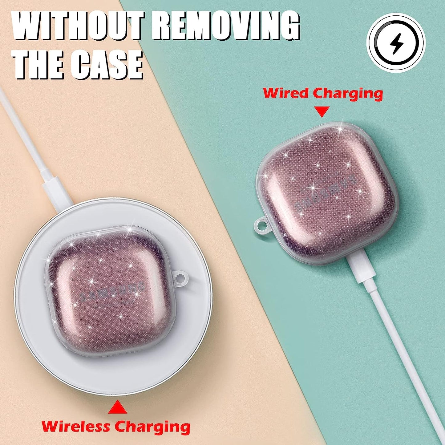 Cute Sparkle Case for Samsung Galaxy Buds 2 Pro(2022)/Galaxy Buds Pro/Buds 2/Buds Live with White Pearl Wrist Keychain for Women Girls Kids Clear Bling Glitter Protective Soft Silicone Cover  DiyGody   