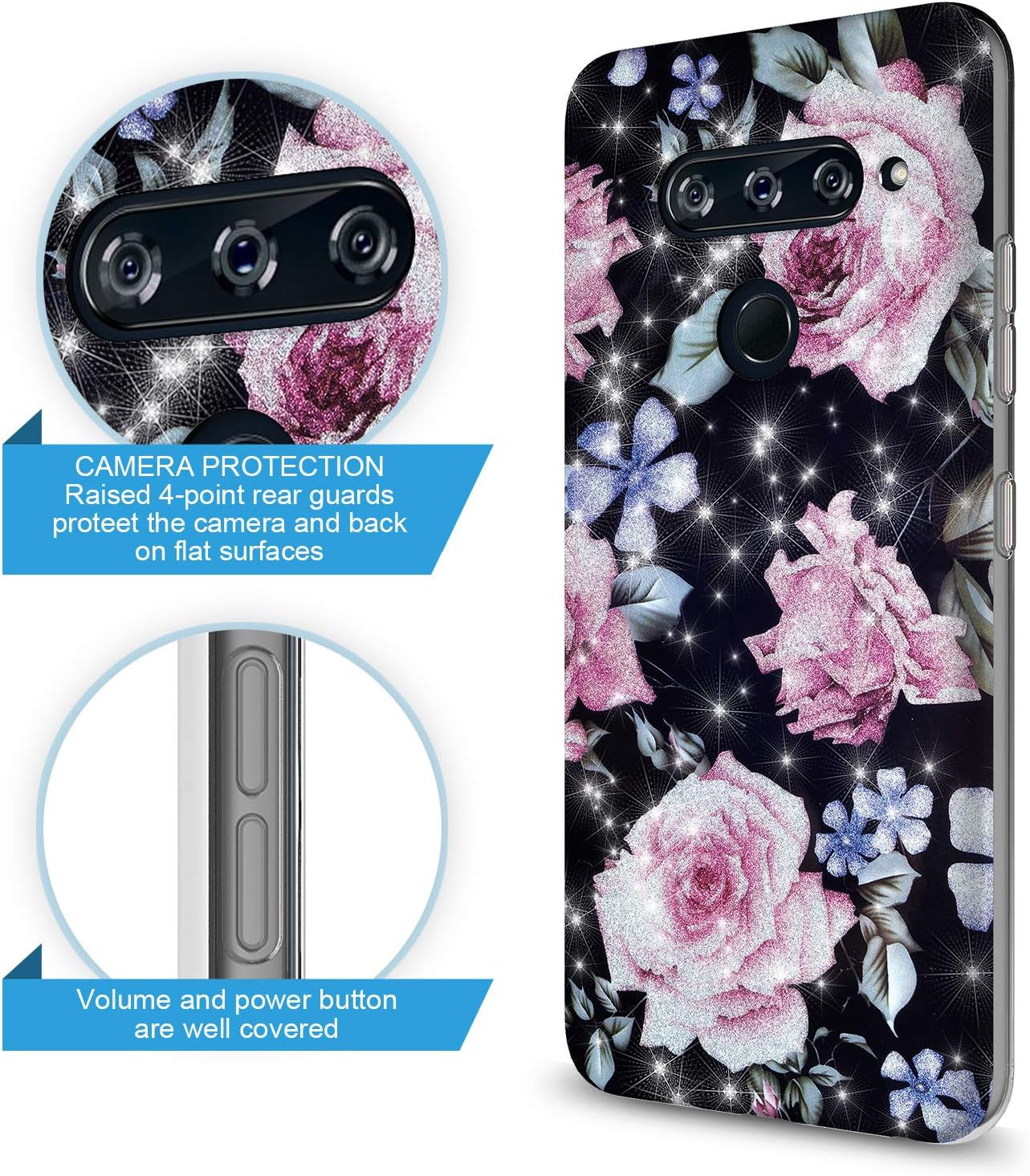 GORGCASE Phone Case Compatible for LG V40 THINQ 2018 Case, LG V40 CASE with Screen Protector,Slim PC Anti-Scratch Shock-Proof Cute Sparkle Bling Girls Women Protective Cover for LG V40 Black Flower  GORGCASE   