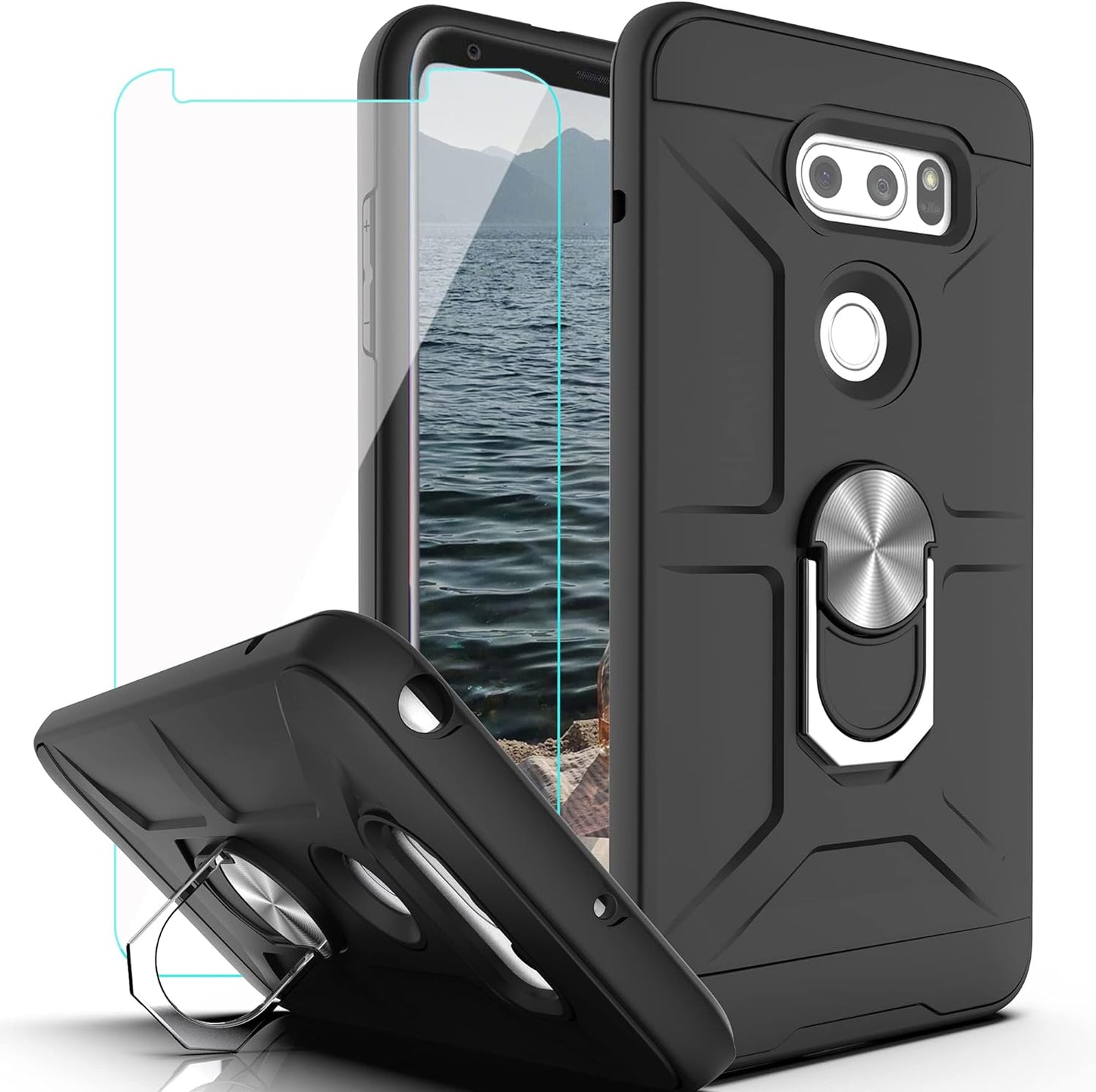 Ymhxcy Case Compatible with LG V35 Thinq/V30/V30 Plus/ V30S Thinq/ V35 Case with HD Screen Protector,360 Degree Rotating Ring Kickstand Holder Dual Layers of Shockproof Case for V30-ZS (Zs-Red)  YmhxcY Zs-Black  