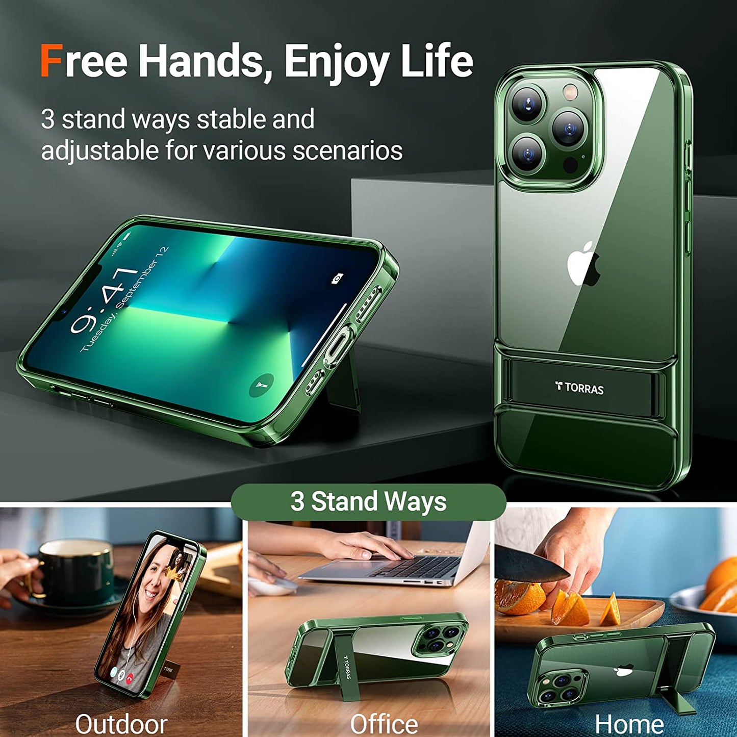 TORRAS Moonclimber for Iphone 13 Pro Max Case, [3 Stand Ways][Non-Yellowing & Military Grade Shockproof] Protective Slim Hard Clear Phone Case with Stand 6.7'' 2021, Green  TORRAS   