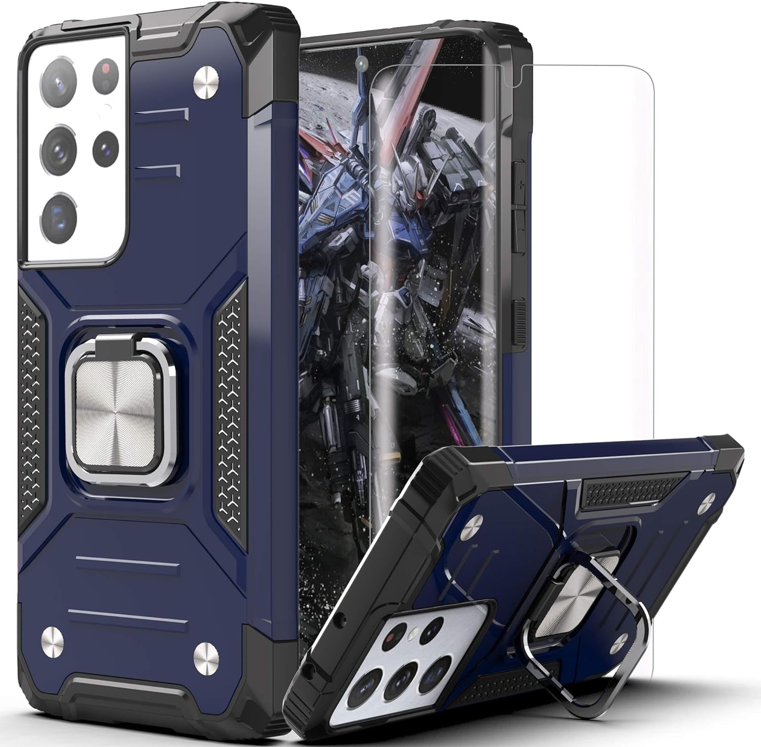 AYMECL Case for S21 Ultra 5G,Galaxys21 Ultra 5G Case with Slide Camera Cover&[2 Packs] Self-Healing Film,360° Rotate Ring Stand Magnetic Cover Case for Samsung Galaxy S21 Ultra 5G 6.8"-Blue  AYMECL K2-Blue  