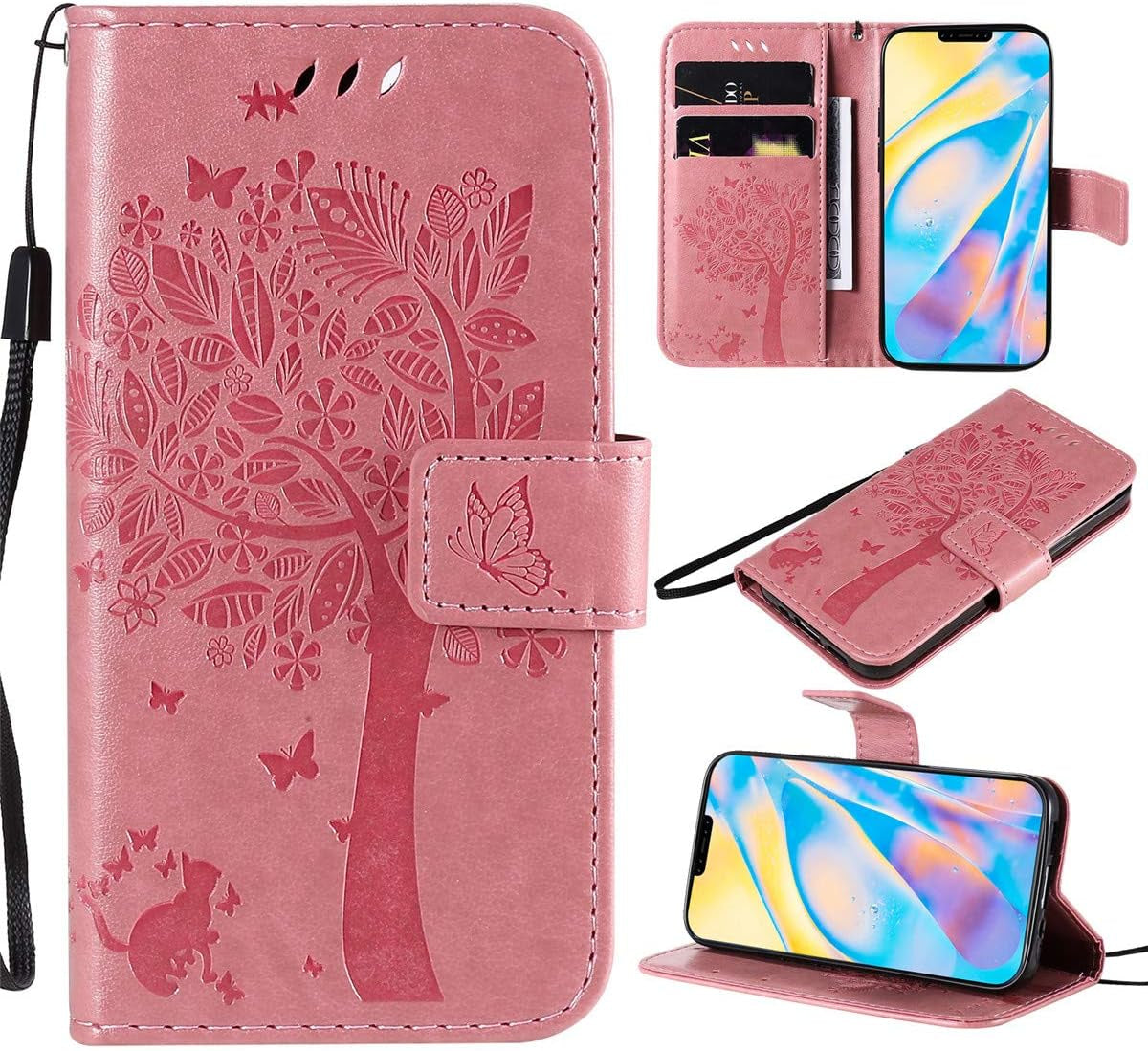 XYX Wallet Case for LG V30, Embossed Cat Butterfly Flowers PU Leather Flip Protective Phone Case Cover with Card Slots for LG V30/LG V35 Thinq, Pink  XYX   