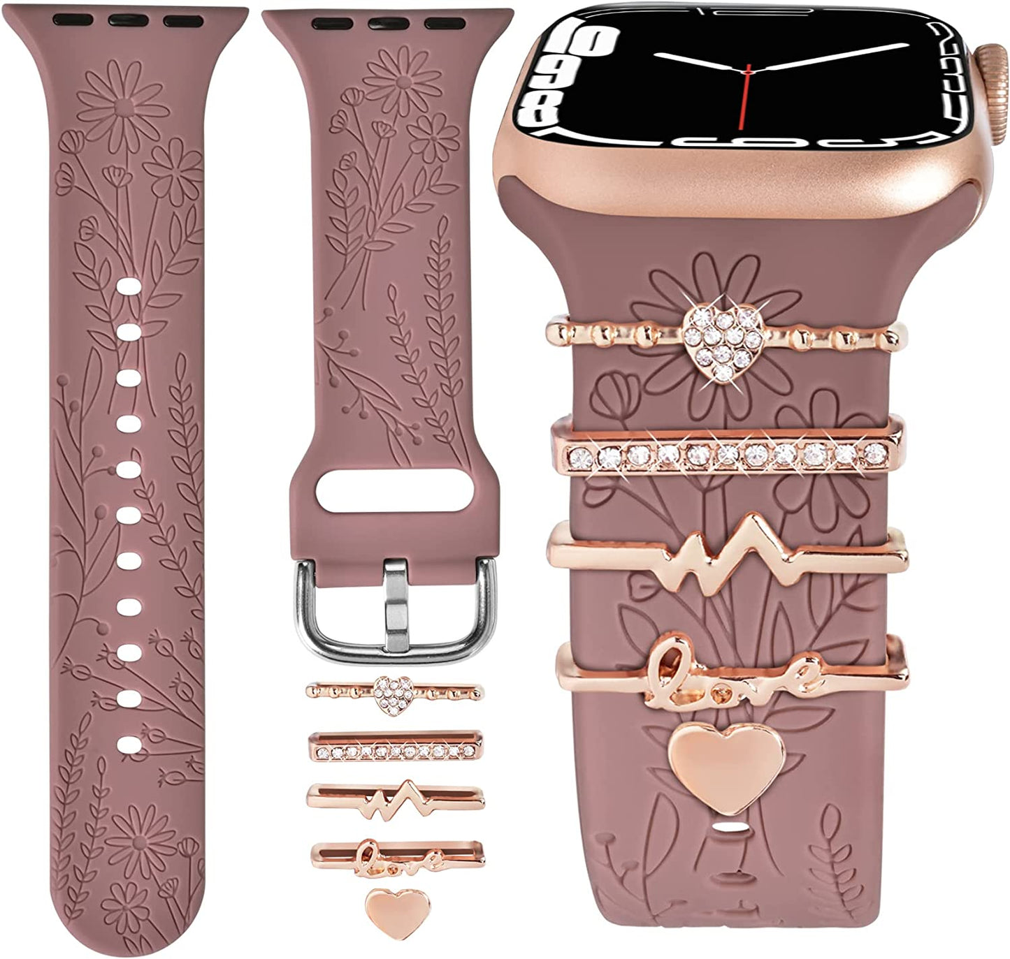Watch Band Charms (Band Included), Compatible with Apple Watch Band 38Mm 40Mm 41Mm, ORATYFAN Floral Engraved Silicone Bands & Metal Decorative Ring Loops Accessories for Iwatch Series Se 8 7 6 5 4 3 2 1  ORATYFAN   