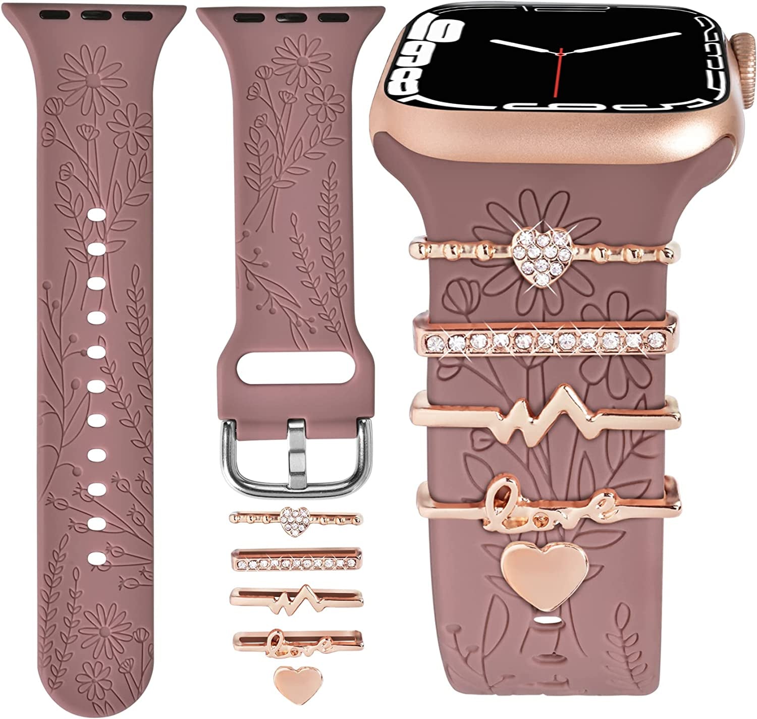 Watch Band Charms (Band Included), Compatible with Apple Watch Band 38Mm 40Mm 41Mm, ORATYFAN Floral Engraved Silicone Bands & Metal Decorative Ring Loops Accessories for Iwatch Series Se 8 7 6 5 4 3 2 1  ORATYFAN   
