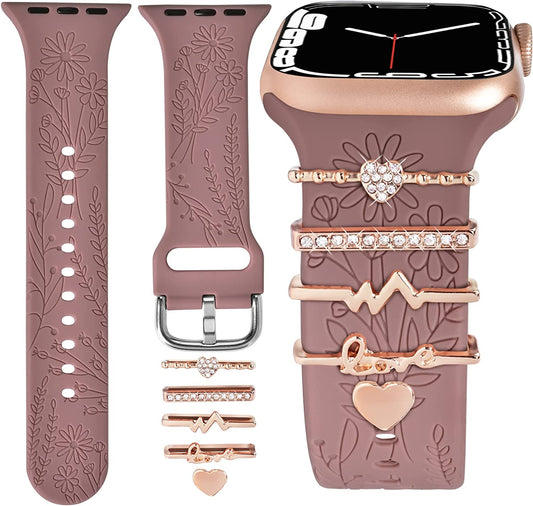 Watch Band Charms (Band Included), Compatible with Apple Watch Band 38Mm 40Mm 41Mm, ORATYFAN Floral Engraved Silicone Bands & Metal Decorative Ring Loops Accessories for Iwatch Series Se 8 7 6 5 4 3 2 1  ORATYFAN   