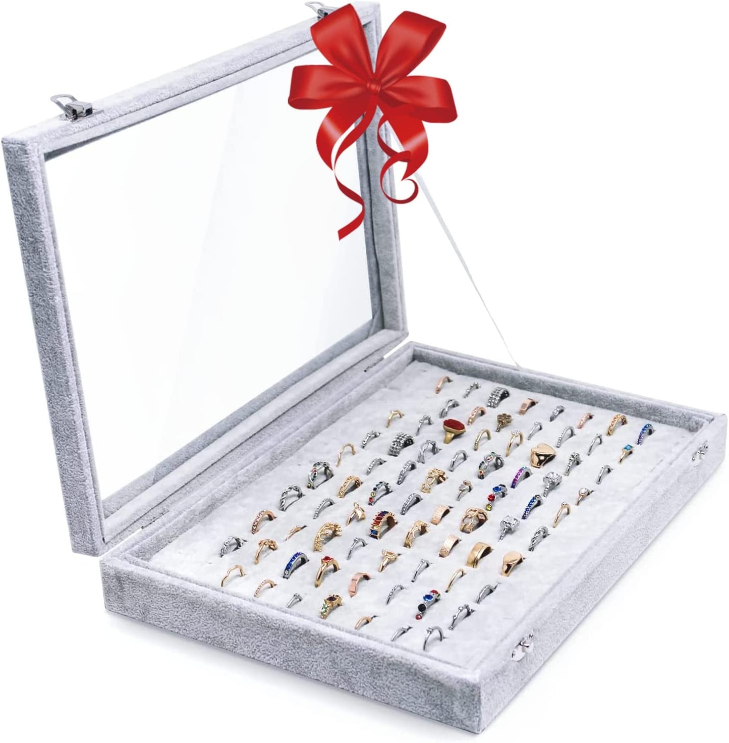 Ring Organizer Box with Transparent Lid ~ Ring Holder Showcase for Store Display, Jewelry Show & Home ~ Jewelry Tray Organizer for Rings, Studs & Earrings (Black)  Hivory Grey  