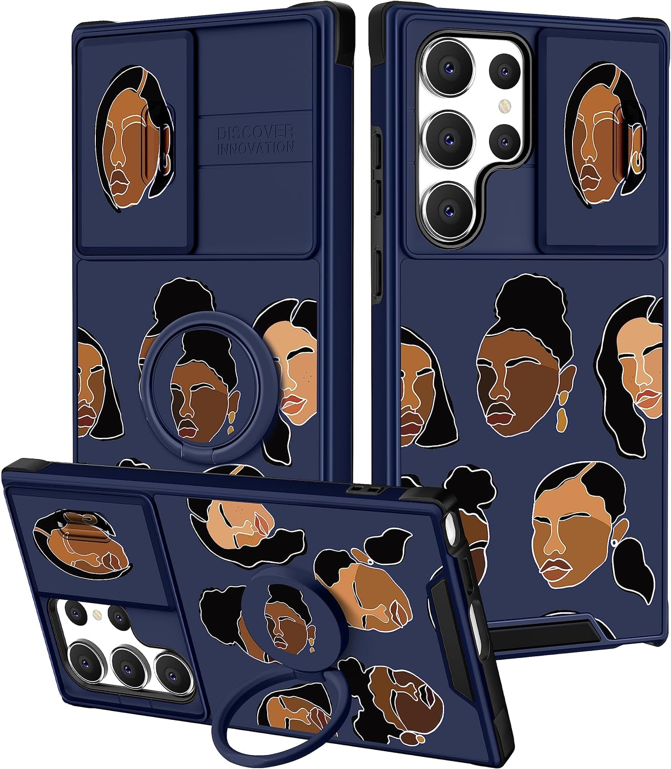 Funermei (2In1 for Samsung Galaxy S22 Ultra Case for Women Cute Cats Girls Animals Phone Cover Kawaii Girly Blue Pretty Design with Camera Cover+ Ring Stand Funda for Galaxy S22 Ultra Case 5G  Funermei 4-For S22 Ultra-Black Girl  