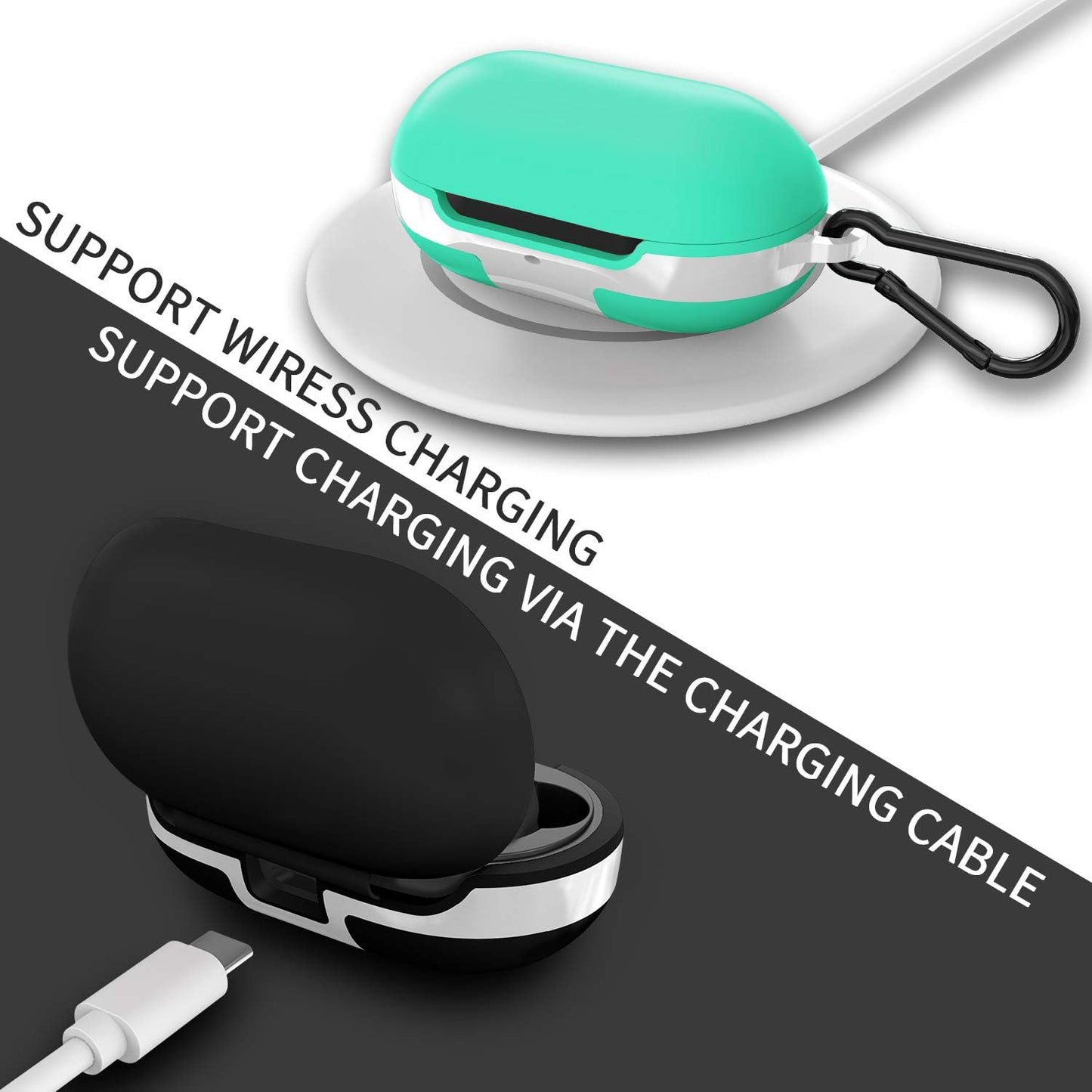 2 Packs Silicone Cover for Galaxy Buds Case/Galaxy Buds + plus Case,With Carabiner Full Body Protections Skin Accessories Compatible Samsung Galaxy Buds plus (Black and Mint Green)  meiyasy   