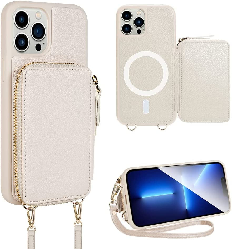 ZVE Iphone 14 Pro Crossbody Wallet Case Magsafe, Phone Case with RFID Blocking Card Holder Wrist Strap for Women, Zipper Leather Cover for Iphone 14 Pro, 6.1"-Black  ZVE Beige iPhone 14 Pro Max 