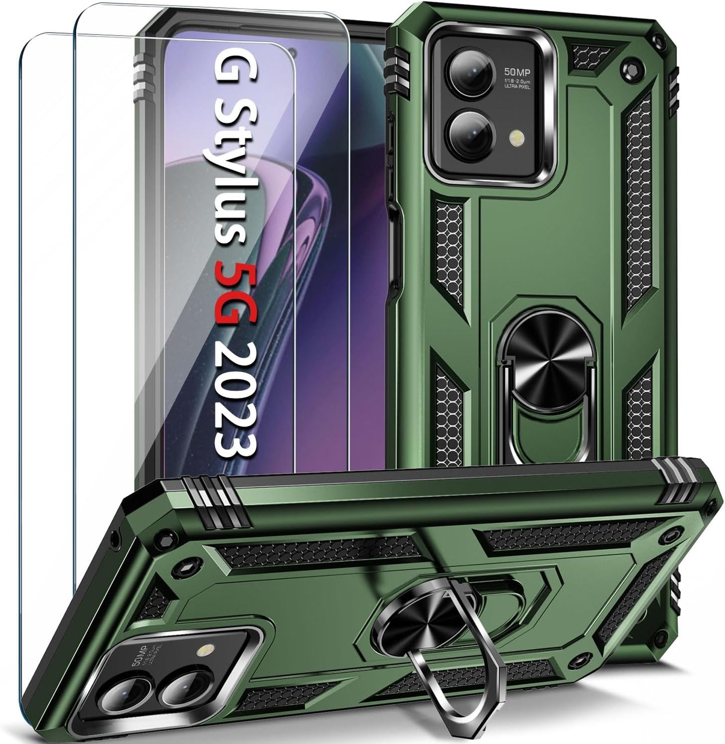 𝟮𝟬𝟮𝟯 𝗡𝗘𝗪 for Moto G Stylus 5G 2023 Case with [2 Packs] Tempered Glass Screen Protector,[Military-Grade] Rugged Full Body Shockproof Case with Kickstand for Motorola Moto G Stylus 5G 2023,Purple  Pevezeda Oliver Green  