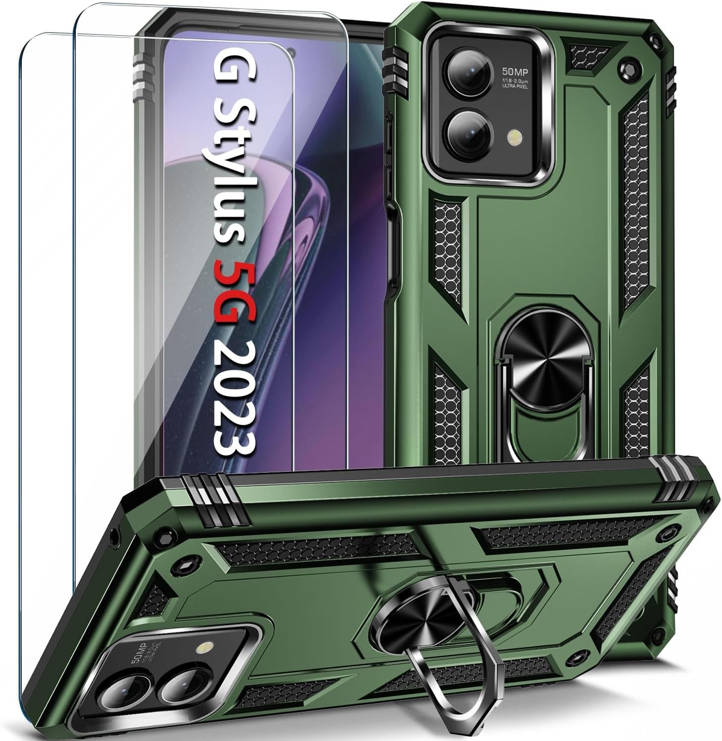 𝟮𝟬𝟮𝟯 𝗡𝗘𝗪 for Moto G Stylus 5G 2023 Case with [2 Packs] Tempered Glass Screen Protector,[Military-Grade] Rugged Full Body Shockproof Case with Kickstand for Motorola Moto G Stylus 5G 2023,Purple  Pevezeda Oliver Green  