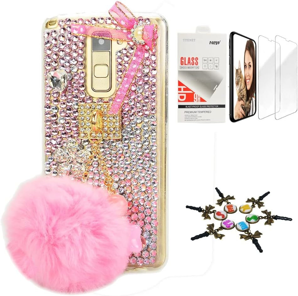 STENES Bling Case Compatible with LG G6 / LG G6 plus - Stylish - 3D Handmade [Sparkle Series] Ball Rabbit Pompons Star Pendant Bowknot Design Cover with Screen Protector [2 Pack] - Pink  STENES   