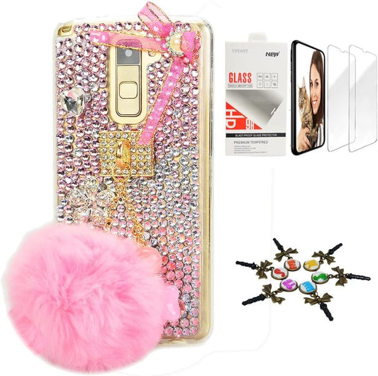 STENES Bling Case Compatible with LG G6 / LG G6 plus - Stylish - 3D Handmade [Sparkle Series] Ball Rabbit Pompons Star Pendant Bowknot Design Cover with Screen Protector [2 Pack] - Pink  STENES   