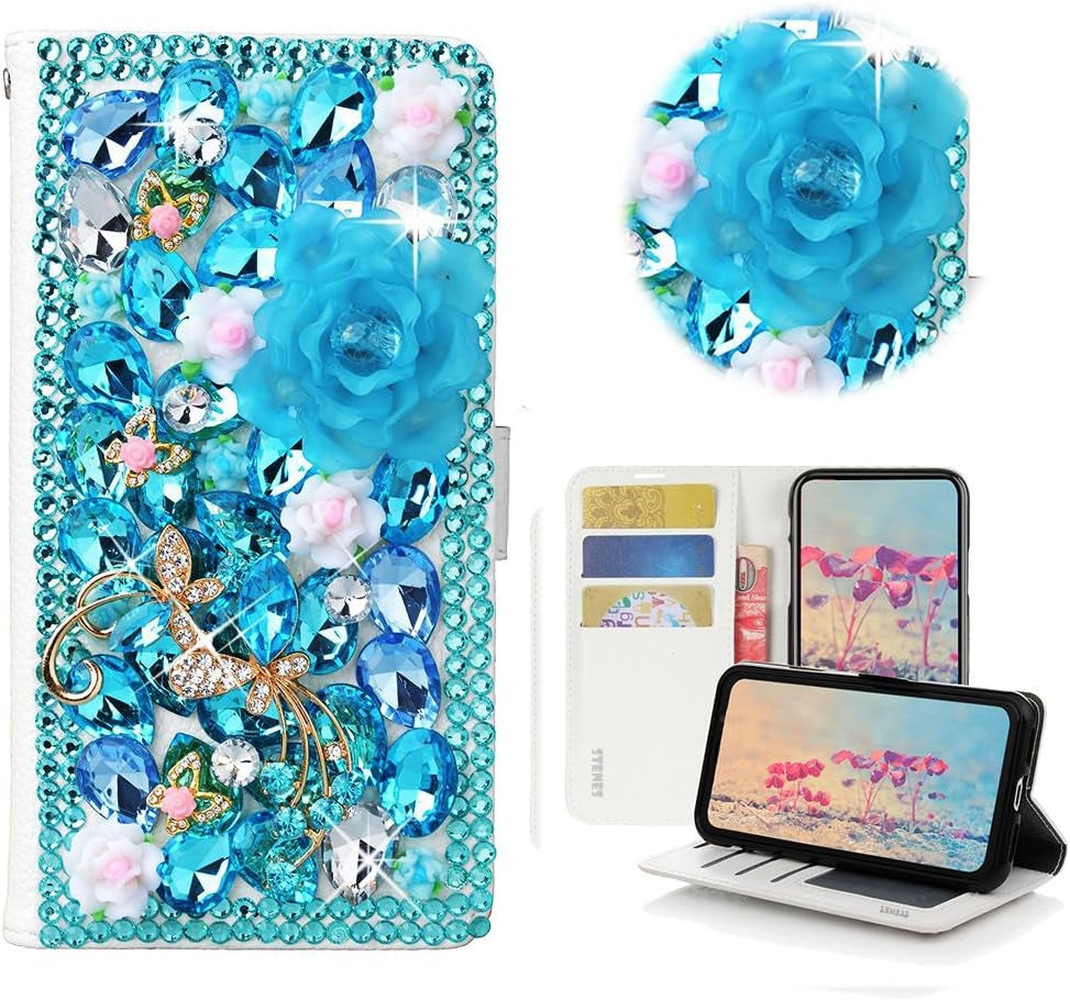 STENES LG G6 Case, LG G6 plus Case - STYLISH - 3D Handmade Bling Crystal Pretty Butterfly Flowers Wallet Credit Card Slots Fold Stand Leather Cover Case for LG G6/LG G6 plus - Blue  STENES Dance Butterfly Rose Flowers / Light Blue  