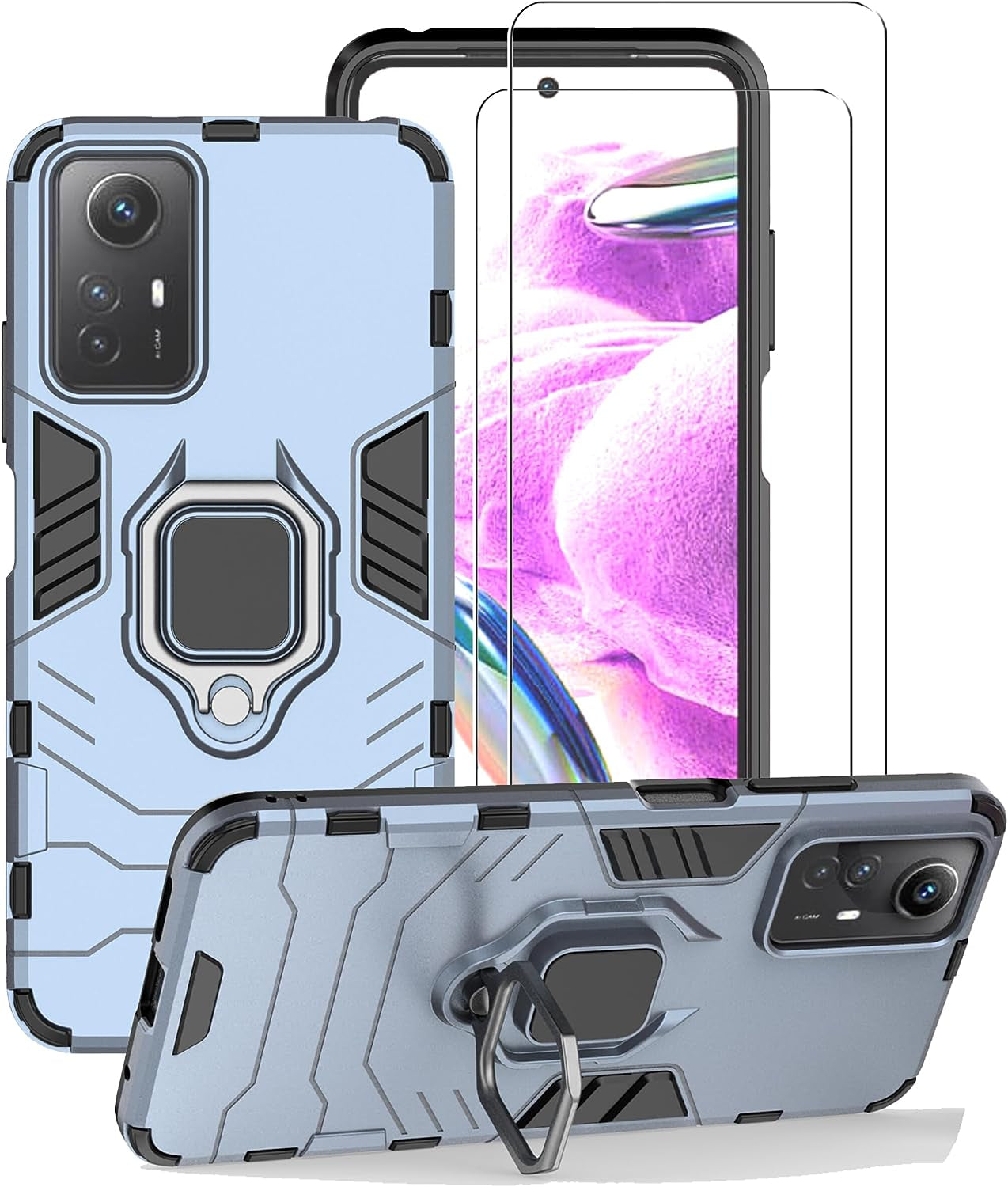 ZMONE Phone Case for Xiaomi Redmi Note 12S Case with Glass Screen Protector [2 Pack] Heavy Duty Dual Layer Military Grade Shockproof Protective Cover with Magnetic Ring Kickstand - Black  Chengmi Blue  