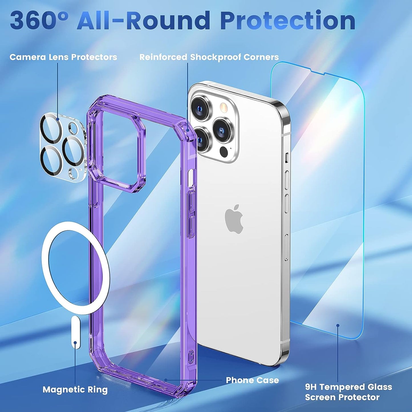NULETO 【3 in 1】 Case for Iphone 14 Pro with Magsafe, Built-In with 9H Tempered Glass Screen Protector & Camera Lens Protector & Strong Magnetic Slim Thin Phone Cover for Iphone 14 Pro - Purple  Nuleto   