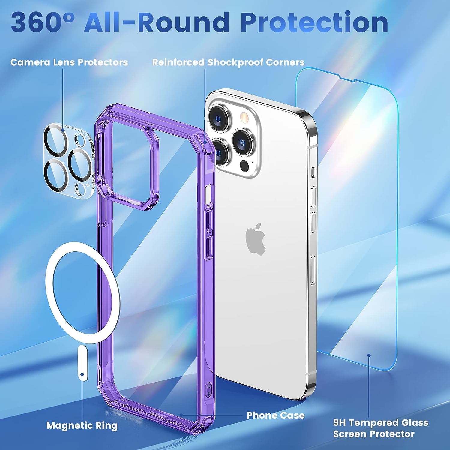 NULETO 【3 in 1】 Case for Iphone 14 Pro with Magsafe, Built-In with 9H Tempered Glass Screen Protector & Camera Lens Protector & Strong Magnetic Slim Thin Phone Cover for Iphone 14 Pro - Purple  Nuleto   