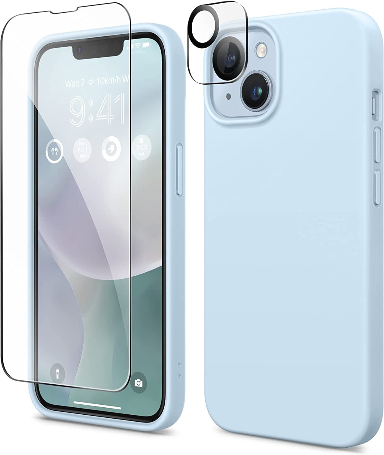 GONEZ for Iphone 14 Case Silicone, with Screen Protector + Camera Lens Protector, [Soft Anti-Scratch Microfiber Lining], Slim Liquid Silicone Shockproof Protective Phone Cover 6.1 Inch, Stone  GONEZ Blue  