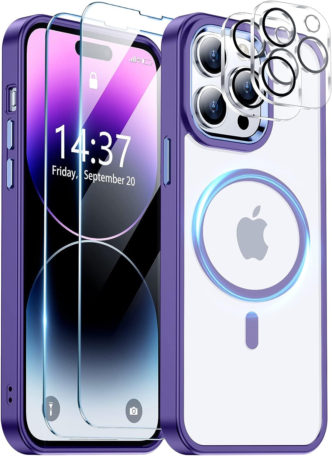 Temdan Magnetic Case for Iphone 14 Pro Max Case, [Compatible with Magsafe] [2Pcs Tempered Glass Camera Protector & Screen Protector] Slim Translucent Matte Shockproof Case for Iphone 14 Pro Max 6.7"  Temdan E-Purple/Clear  