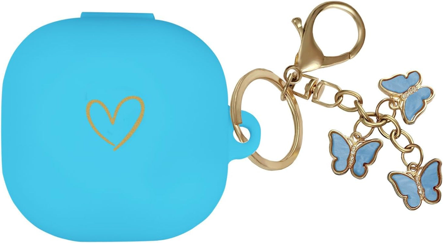 AIIEKZ Compatible with Samsung Galaxy Buds 2 / Buds Pro/Buds Live/Buds 2 Pro, Soft Silicone Case with Gold Heart Pattern with Cute Butterfly Keychain for Girls Women (Black)  AIIEKZ Sky Blue  