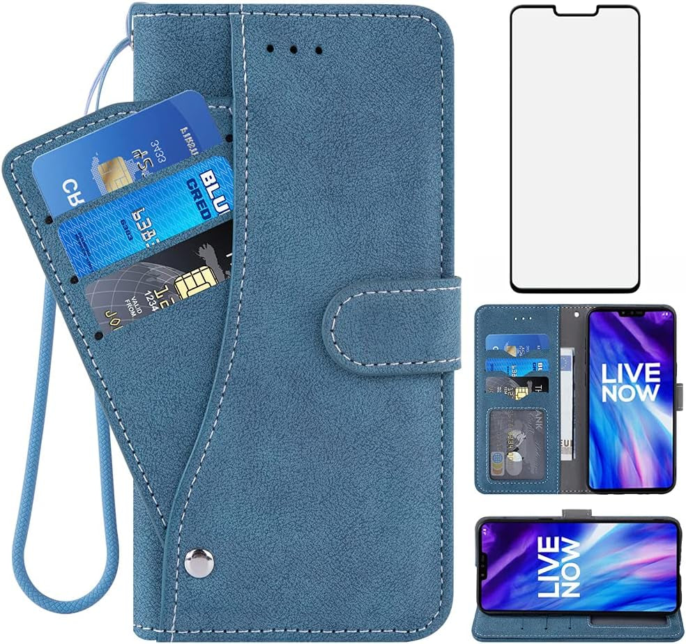 Compatible with LG V40 Thinq Wallet Case and Tempered Glass Screen Protector Flip Cover Credit Card Holder Stand Cell Phone Cases for LGV40 Storm V 40 Thin Q V40Thinq LG40 40V 40Thinq Women Men Black  NSS Blue  
