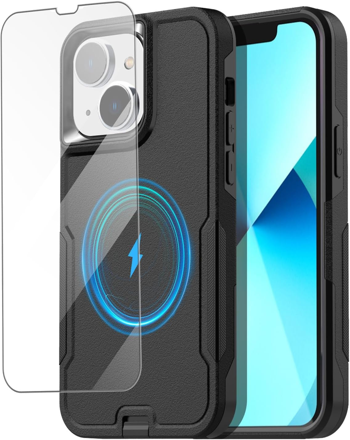 Aicase for Iphone 13 Case with Glass Screen Protector,Heavy Duty Drop Protection Full Body Rugged Shockproof Military Protective Tough Durable Cover for Iphone 13 6.1"_4  AICase Black With Magsafe  